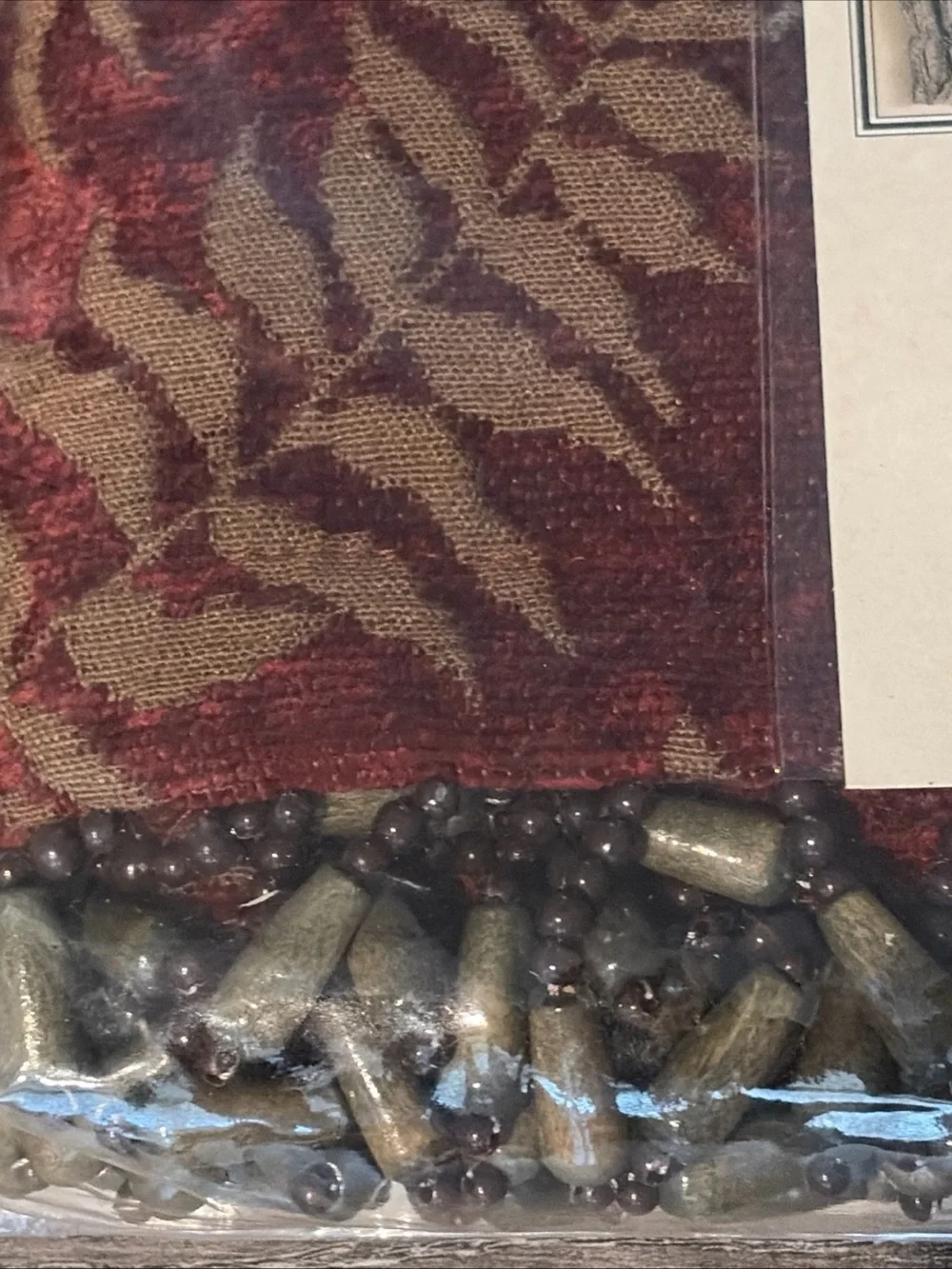 Fossil Beaded Valance in Deep Red with Olive Accents